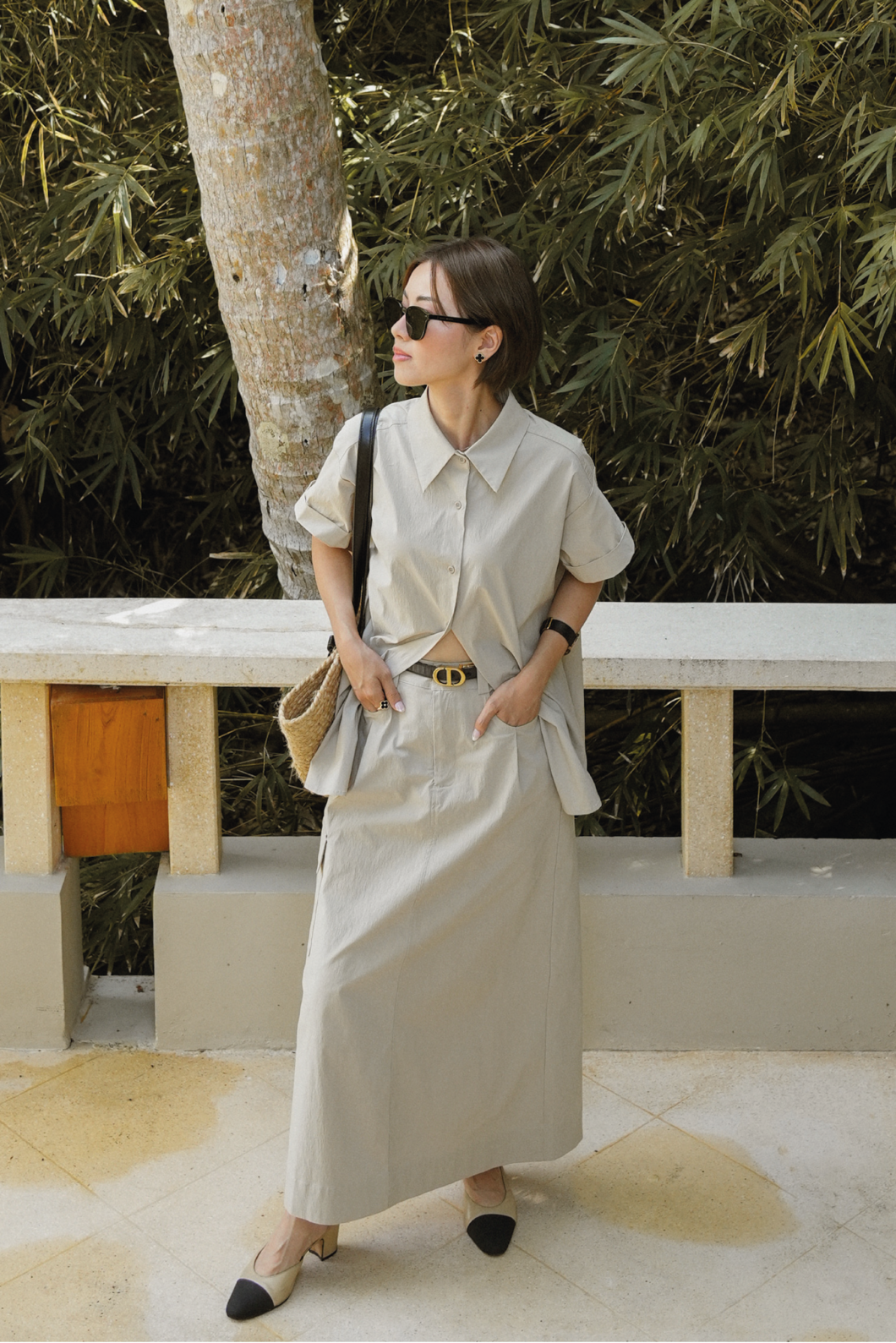 Collared Cotton-Nylon Skirt Set